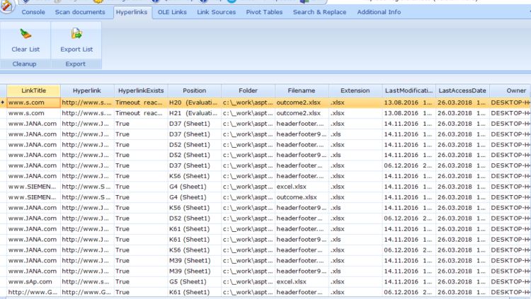 ReplaceMagicでドキュメントを分析した後に見つかったハイパーリンクリストをエクスポート